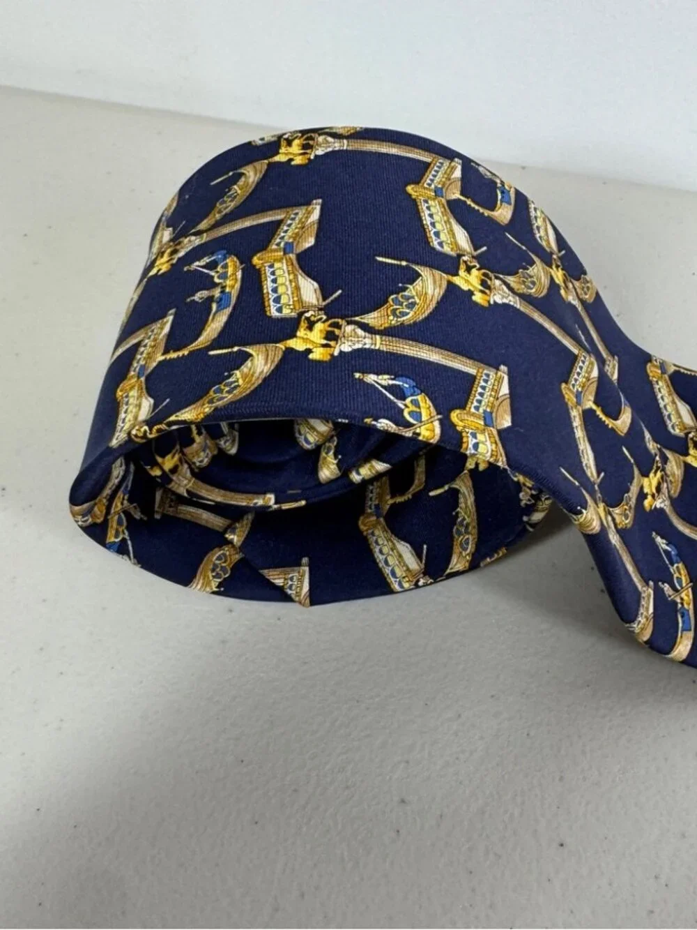 Trevisan Venezia Silk Elegant Navy and Gold Mens Tie Gondola Print Made in Italy